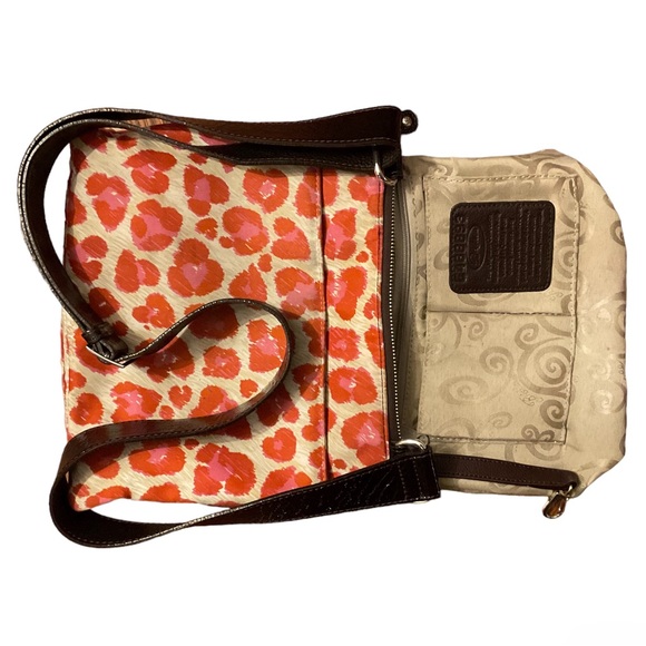 Brighton Orange Pink Color Print Multi Pocket Silver Hardware Crossbody Bag! - Picture 4 of 11